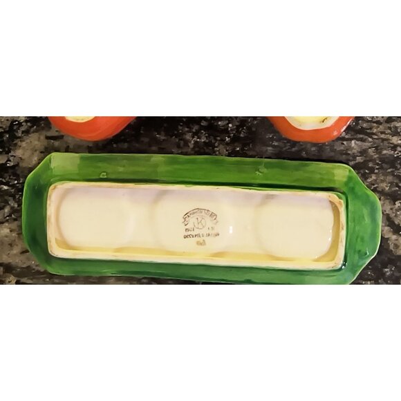 Vintage Tomato Pumpkin Salt Pepper & Sugar Shaker Set With Leaf Tray Occupied Ja - Picture 3 of 4